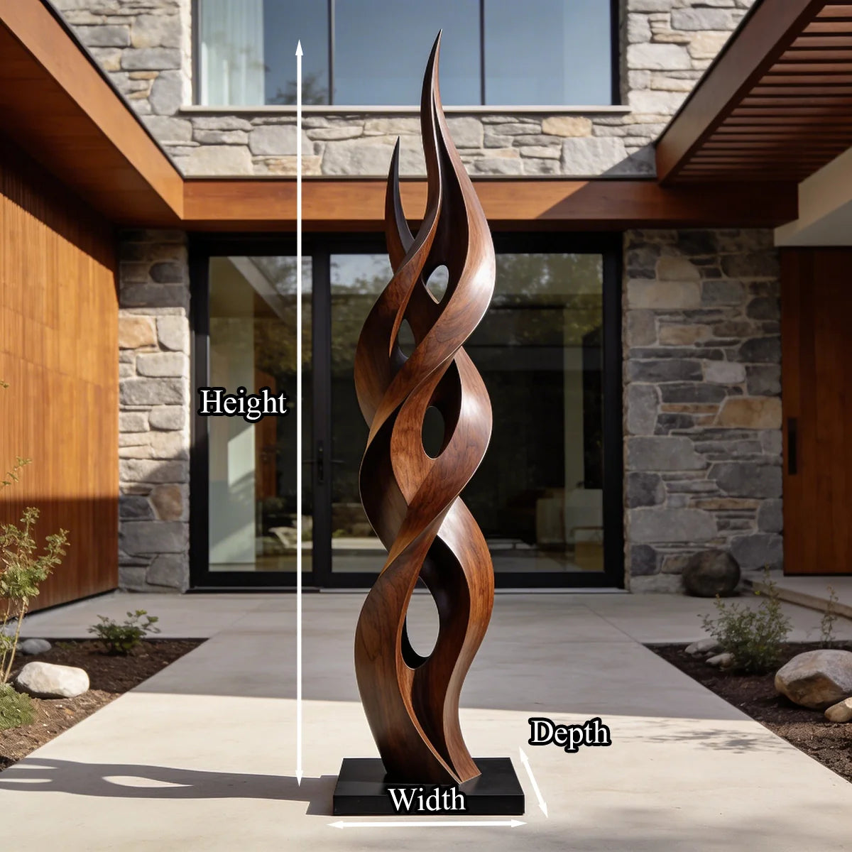 Contemporary Twisting Flame Wood Sculpture Floor Art