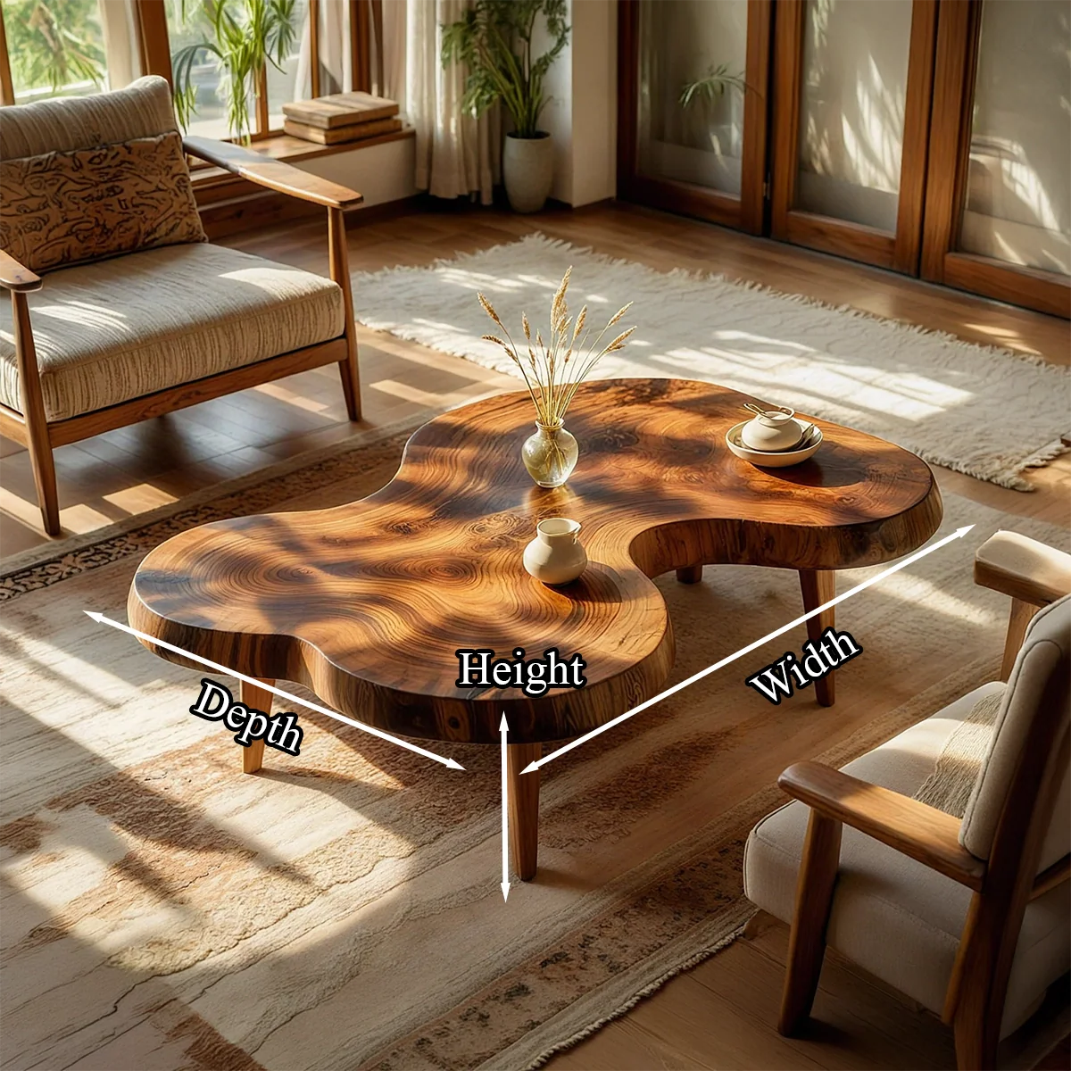 Organic Freeform Natural Wood Coffee Table with Rounded Edge Design