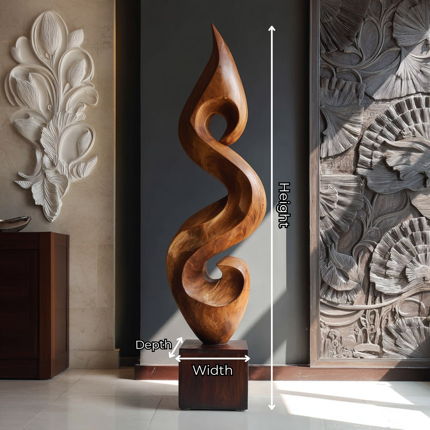 Elegant Spiral Floor Sculpture in Natural Wood Accent