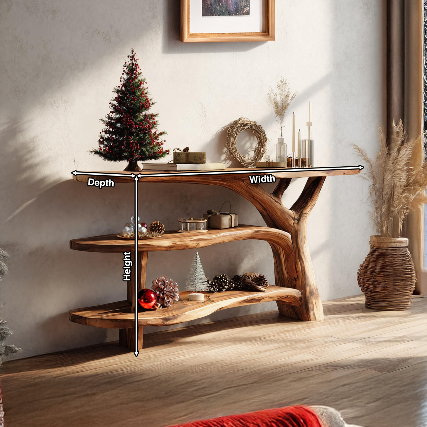 Modern Wooden Live Edge Console Table For Holiday Living Room Xmas Accent