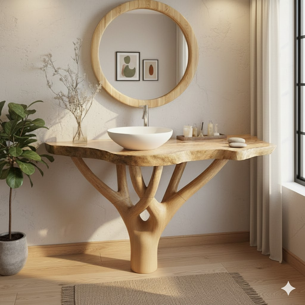 Handcrafted Solid Wood Bathroom Vanity with Sculptural Tree Base and Live-Edge Top