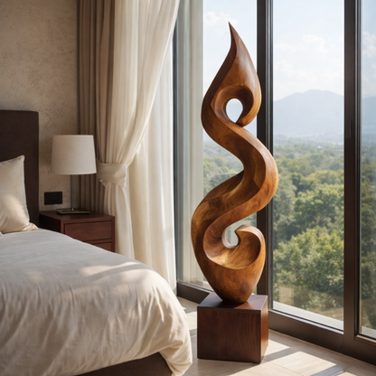 Elegant Spiral Floor Sculpture in Natural Wood Accent