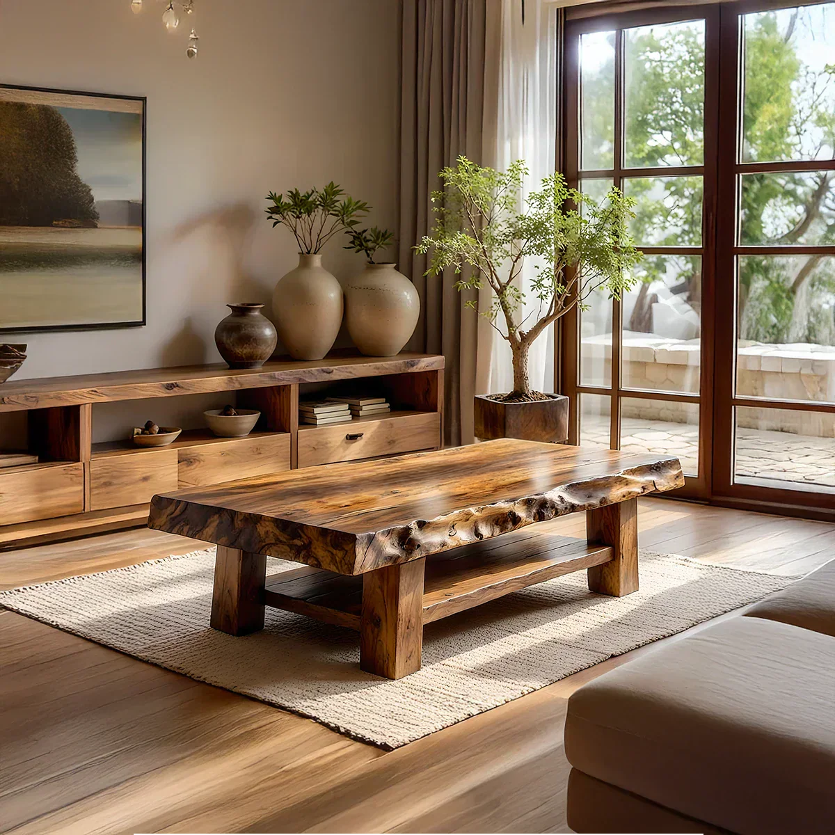 Solid Wood Coffee Table with Live Edge Top and Open Shelf Base