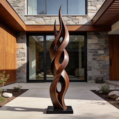 Contemporary Twisting Flame Wood Sculpture Floor Art