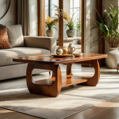 Natural Wood Coffee Table with Sculpted Open Frame Base and Shelf