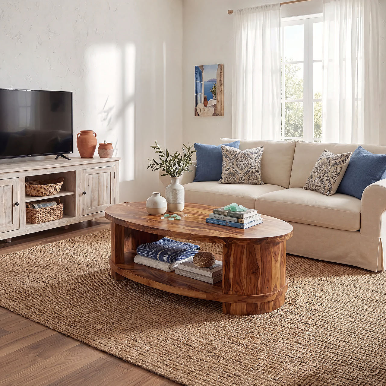 Oval Coffee Table with Curved Frame and Open Storage Shelf