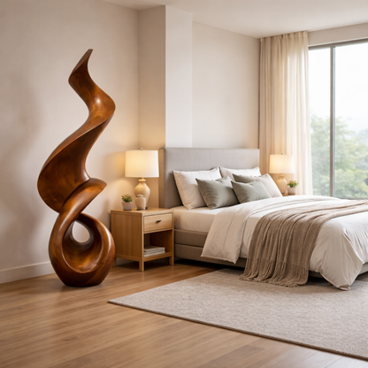 Abstract Twisted Solid Wood Sculpture Handcarved Modern Wooden Floor Statue