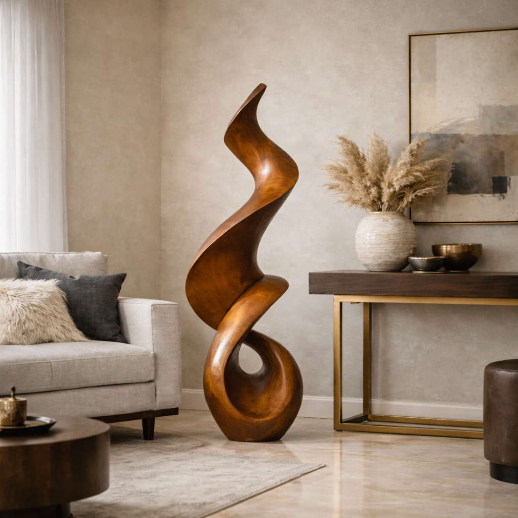 Abstract Twisted Solid Wood Sculpture Handcarved Modern Wooden Floor Statue