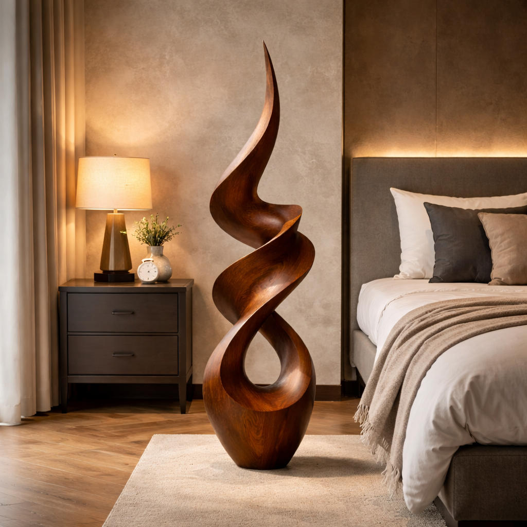 Abstract Twisted Solid Wood Sculpture Handcarved Modern Wooden Floor Art