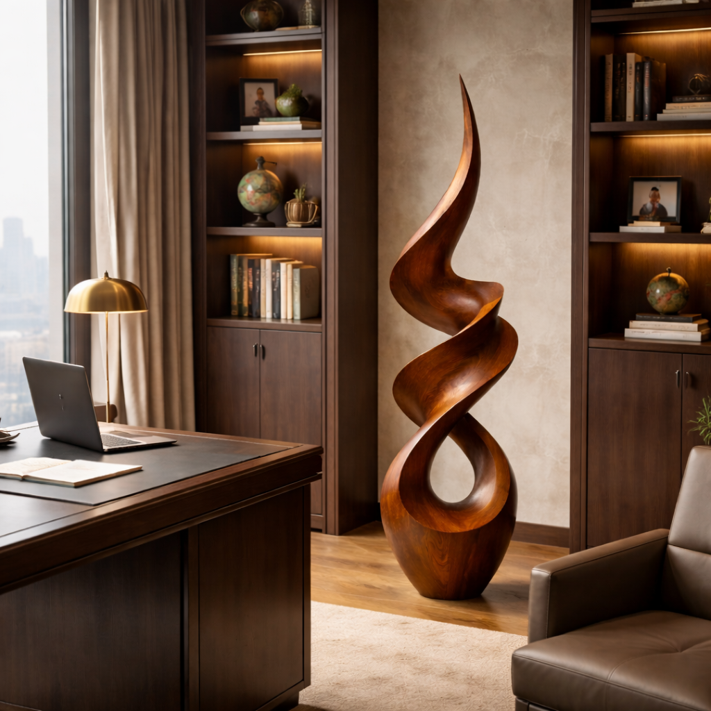 Abstract Twisted Solid Wood Sculpture Handcarved Modern Wooden Floor Art