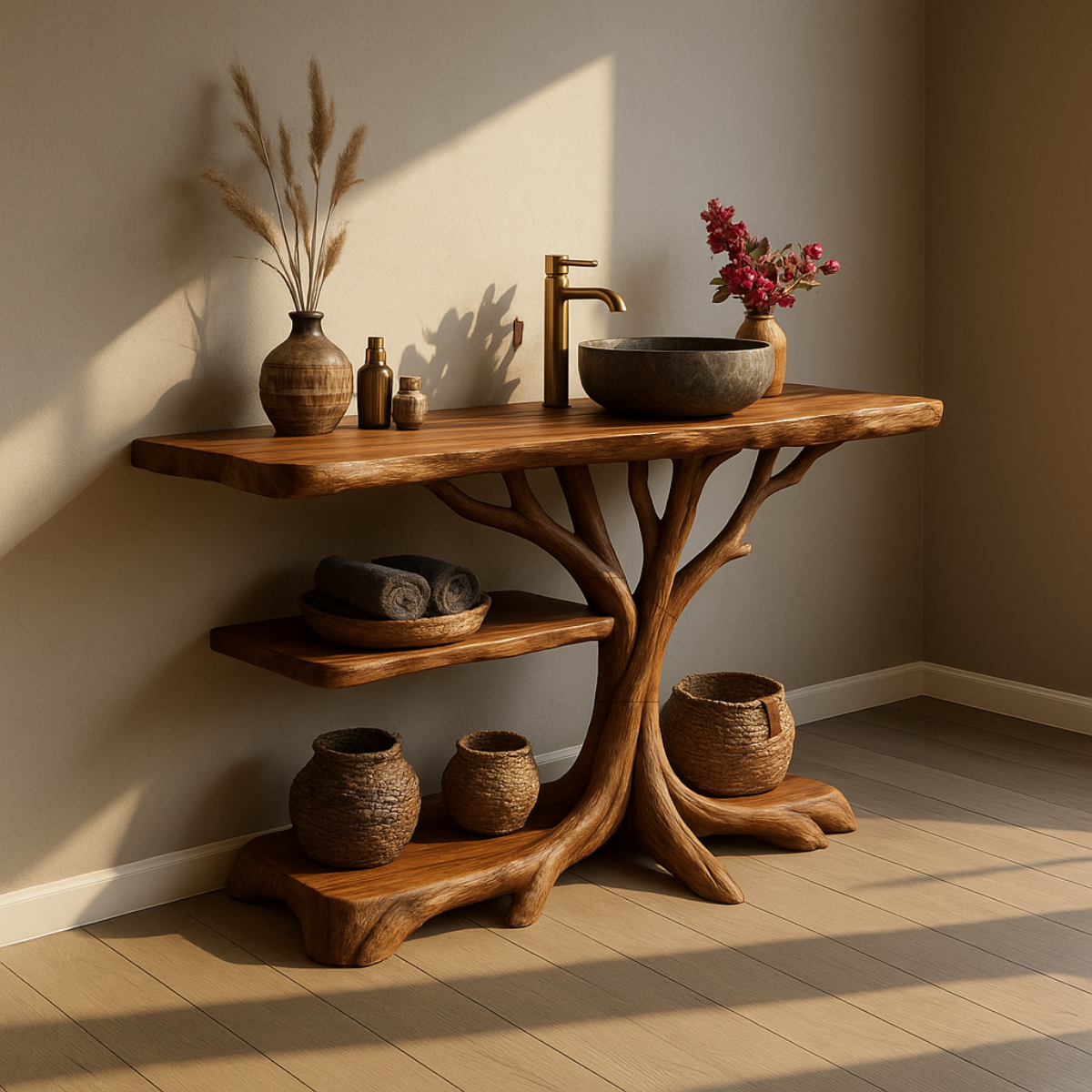 Handcrafted Solid Wood Bathroom Vanity with Tree-Inspired Base and Open Shelves