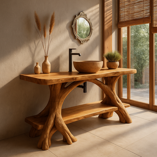 Handcrafted Solid Wood Bathroom Vanity with Tree-Inspired Base and Live-Edge Countertop