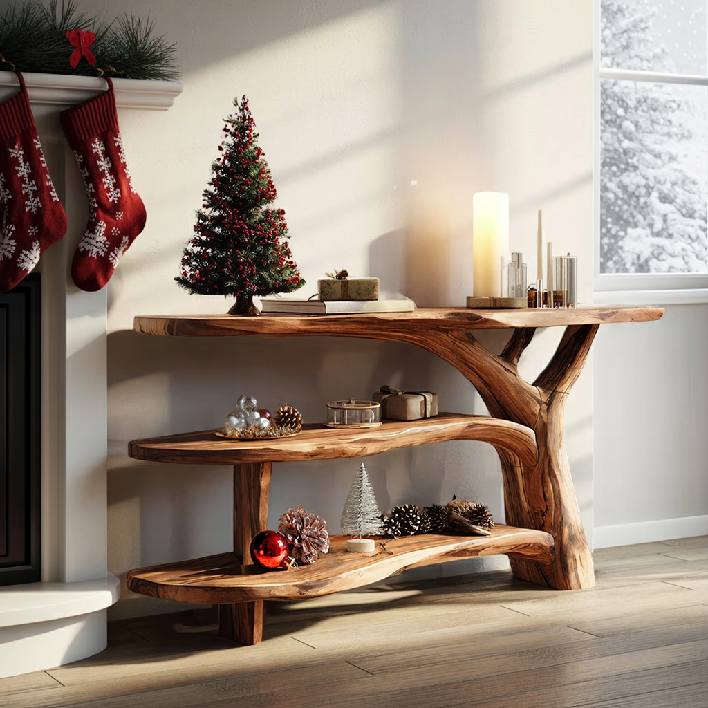 Modern Wooden Live Edge Console Table For Holiday Living Room Xmas Accent
