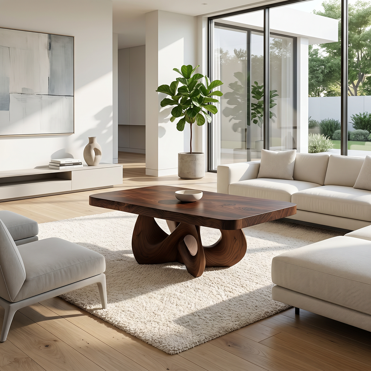 Square Natural Wood Coffee Table with Interwoven Sculptural Base