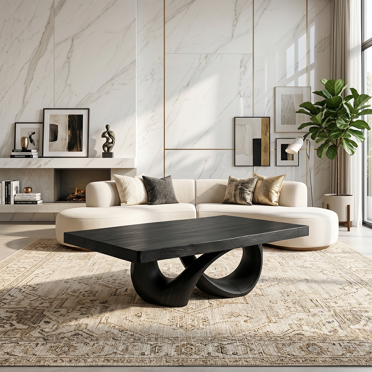 Natural Wood Coffee Table with Interlocking Sculptural Base