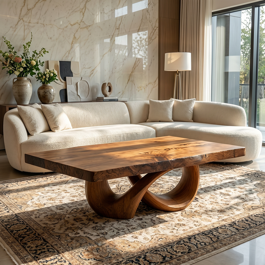 Natural Wood Coffee Table with Interlocking Sculptural Base