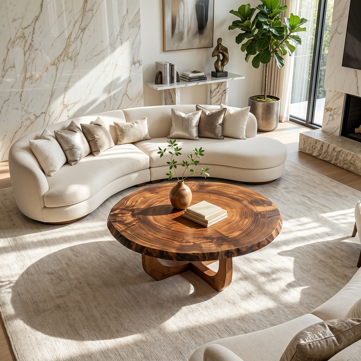 Round Natural Wood Coffee Table with Curved Open Sculptural Base