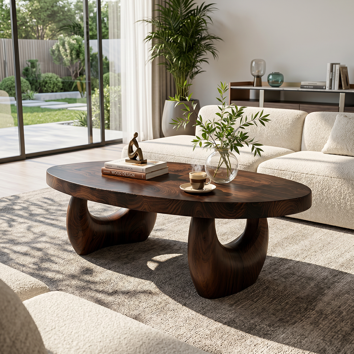 Organic Natural Wood Coffee Table with Sculpted Open Base