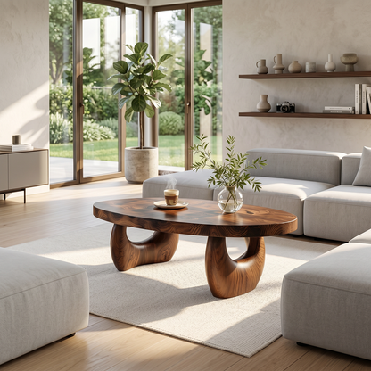 Organic Natural Wood Coffee Table with Sculpted Open Base