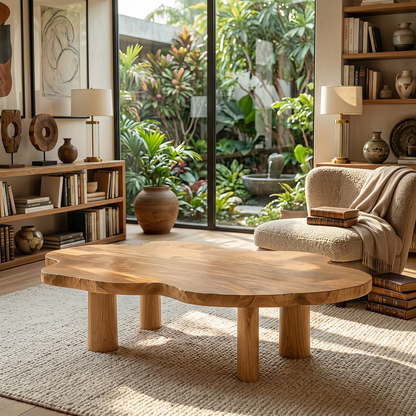 Organic Live Edge Natural Wood Coffee Table with Cylindrical Leg Base