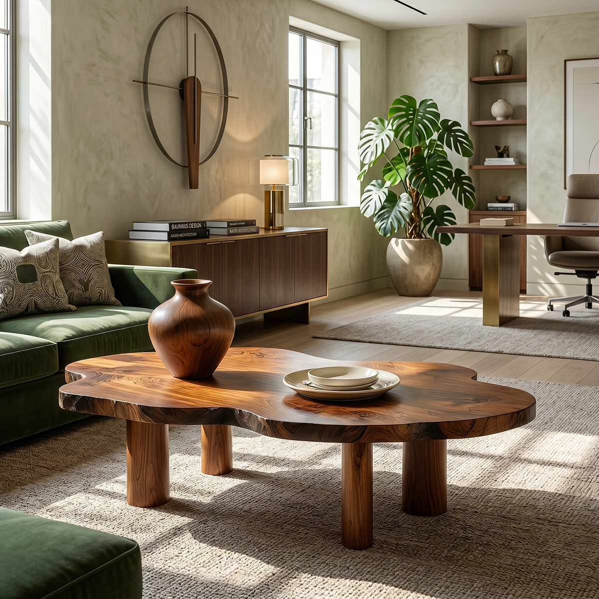 Organic Live Edge Natural Wood Coffee Table with Cylindrical Leg Base