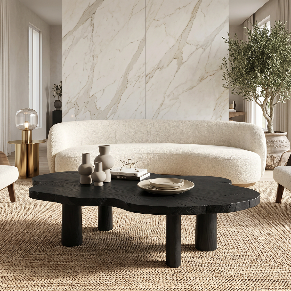 Organic Live Edge Natural Wood Coffee Table with Cylindrical Leg Base
