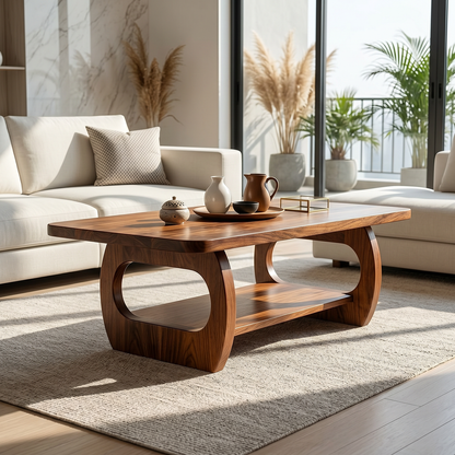 Natural Wood Coffee Table with Sculpted Open Frame Base and Shelf