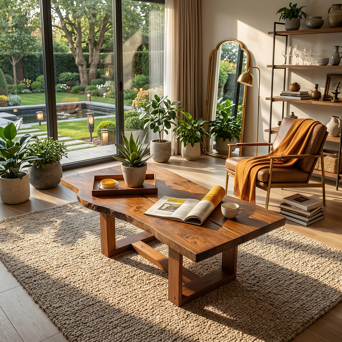 Live Edge Natural Wood Coffee Table with Sculptural Base