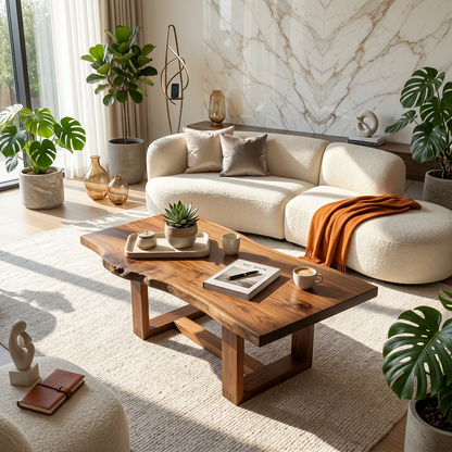 Live Edge Natural Wood Coffee Table with Sculptural Base