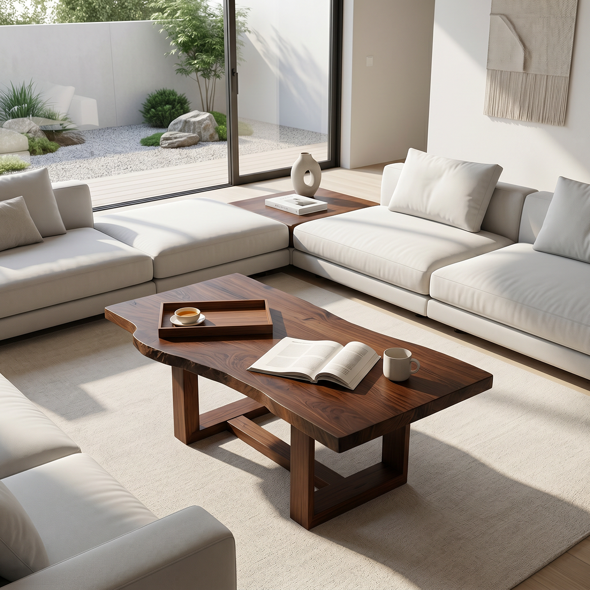 Live Edge Natural Wood Coffee Table with Sculptural Base