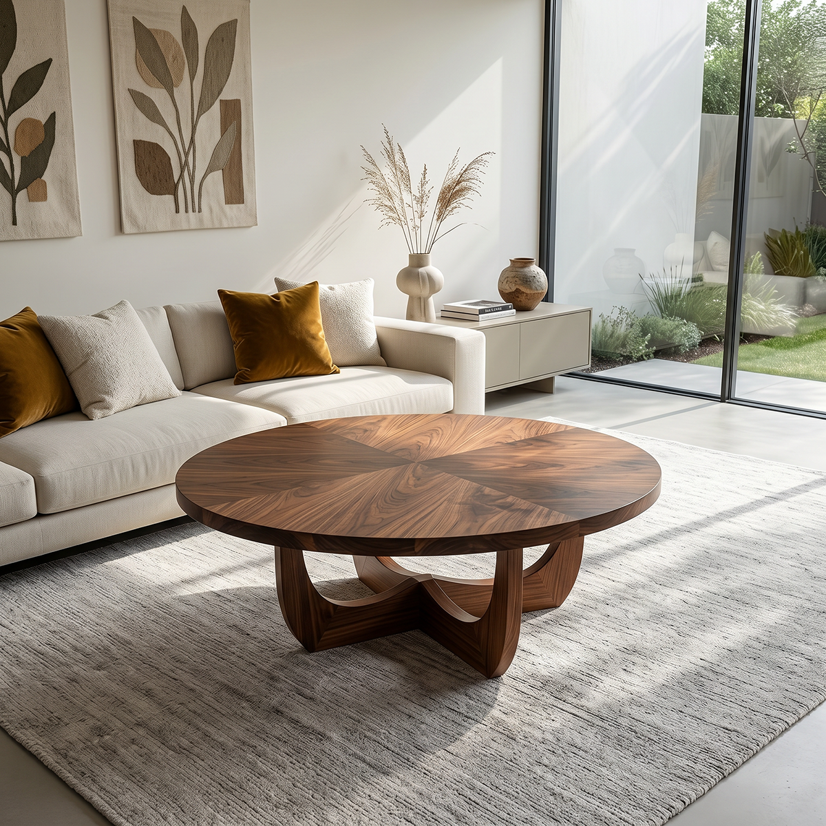 Round Natural Wood Coffee Table with Sculptural Curved Base