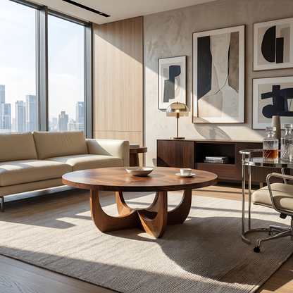 Round Natural Wood Coffee Table with Sculptural Curved Base