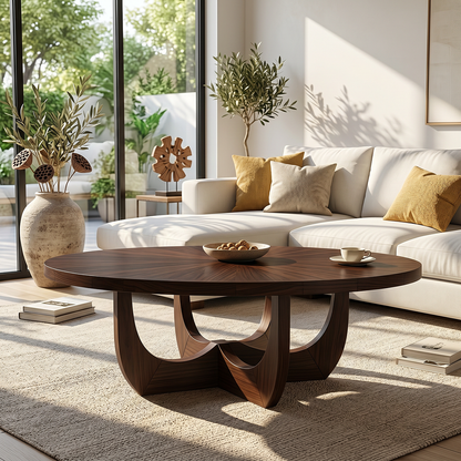 Round Natural Wood Coffee Table with Sculptural Curved Base