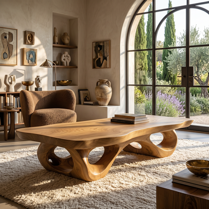 Sculptural Natural Wood Coffee Table with Organic Carved Base