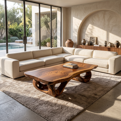 Sculptural Natural Wood Coffee Table with Organic Carved Base