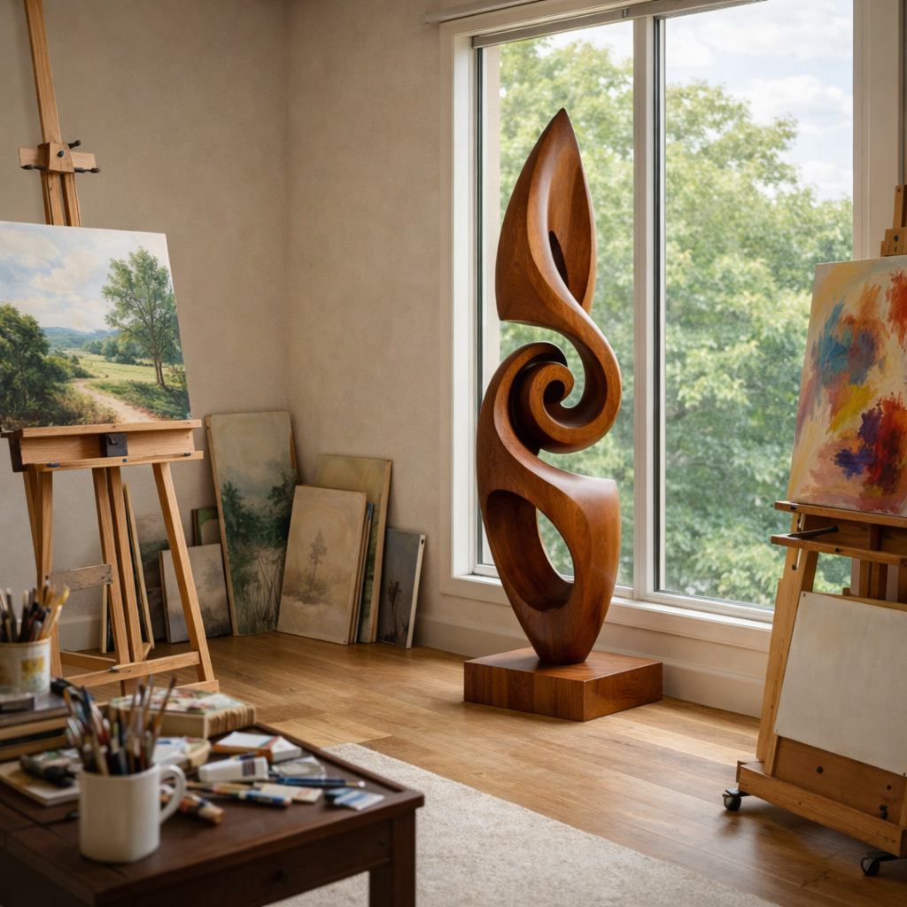 Large Abstract Solid Wood Sculpture Modern Hand Carved Wood Statue for Luxury Interior Decor