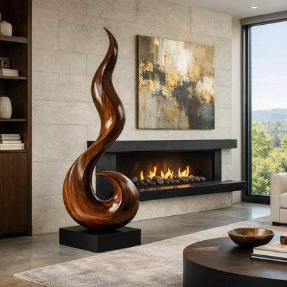 Modern Flame Form Sculpture in Natural Wood for Living Spaces