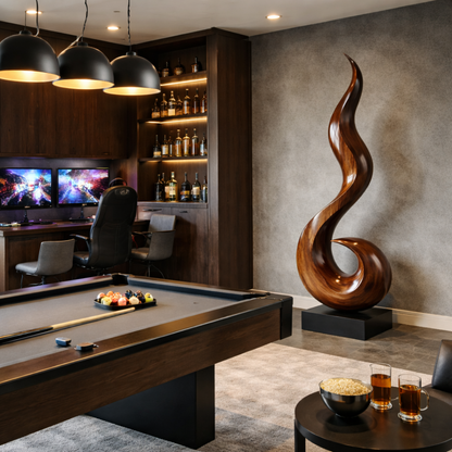 Modern Flame Form Sculpture in Natural Wood for Living Spaces