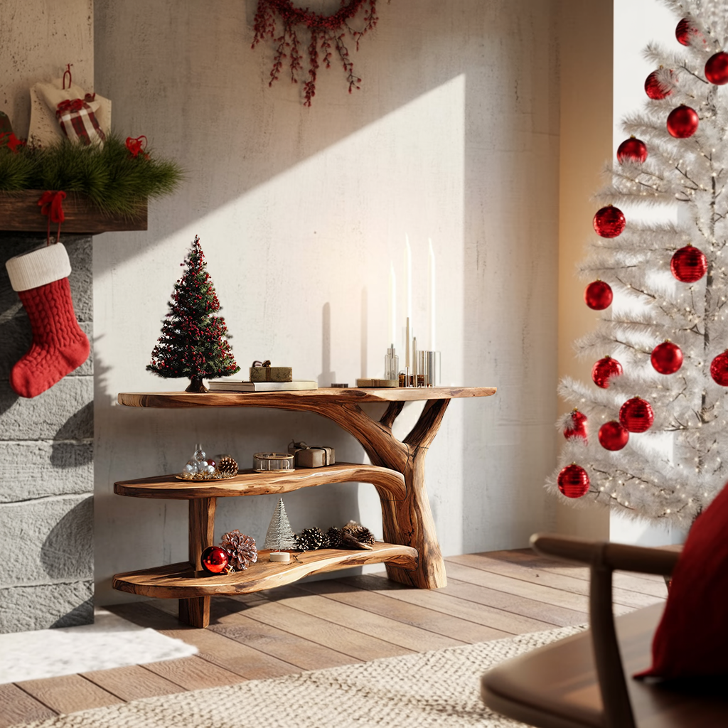 Modern Wooden Live Edge Console Table For Holiday Living Room Xmas Accent