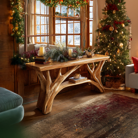 Rustic Wooden Live Edge Console Table For Christmas Living Room