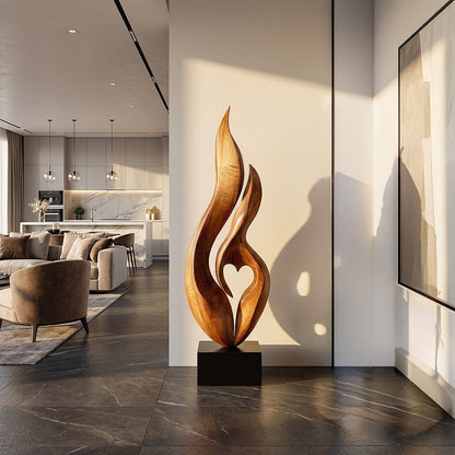 Abstract Flame Form Sculpture in Natural Wood with Dual Curves