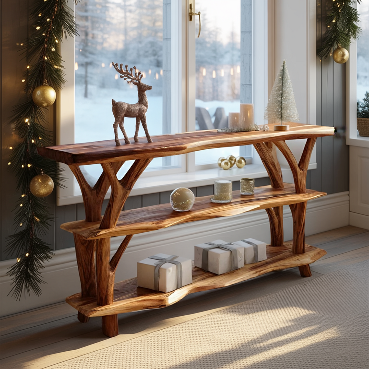 Farmhouse Wooden Live Edge Console Table For Living Room Christmas Accent