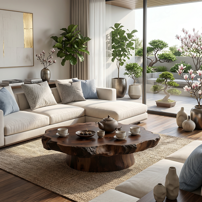 Round Live Edge Wood Coffee Table with Pedestal Base
