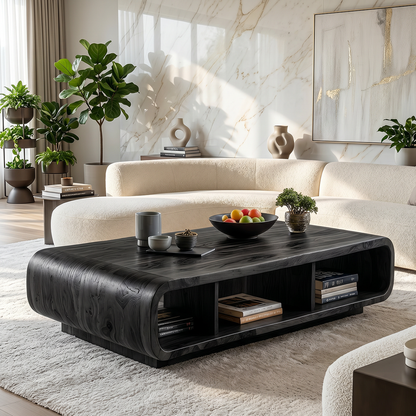 Live Edge Curved Wood Coffee Table with Open Shelf Storage