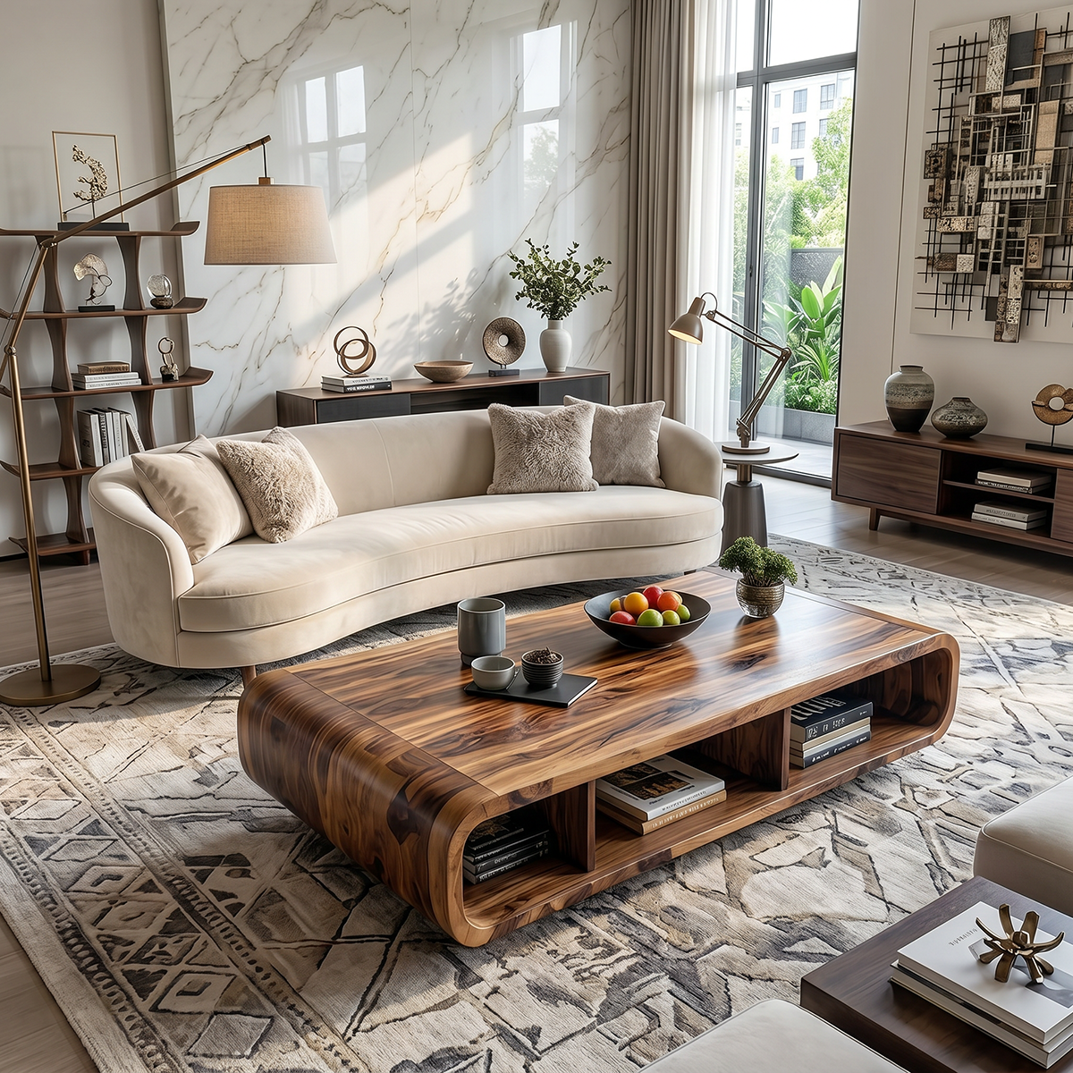 Live Edge Curved Wood Coffee Table with Open Shelf Storage