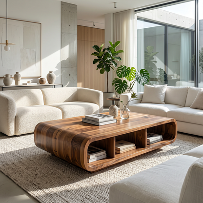 Live Edge Curved Wood Coffee Table with Open Shelf Storage
