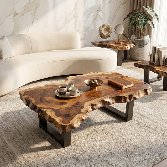 Organic Live Edge Solid Wood Coffee Table with Sculpted Natural Form