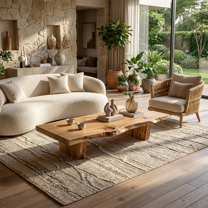 Handcrafted Solid Wood Tea Table with Live Edge and Rustic Block Base