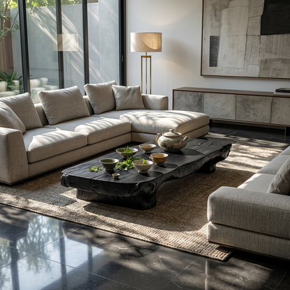 Low Solid Wood Tea Table with Natural Live Edge and Organic Base