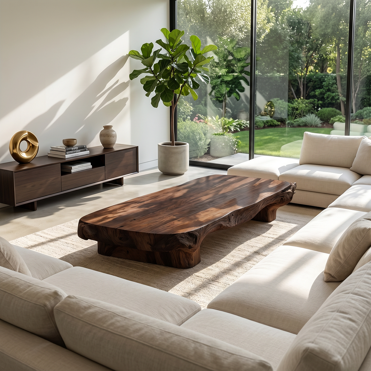 Low Solid Wood Tea Table with Natural Live Edge and Organic Base